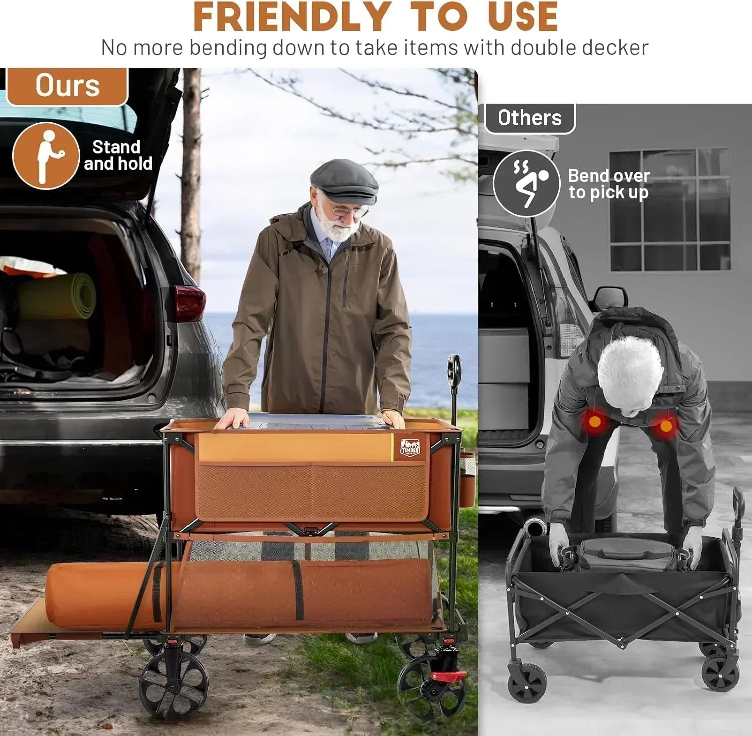 400L Large Capacity Folding Double Decker Cart with Brakes 54 Inch Extra Long Extended Cart