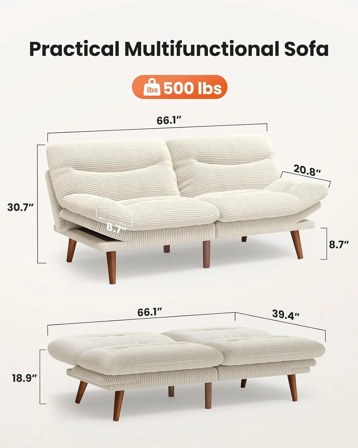 Pipishell Convertible Futon Sofa Bed,66 Corduroy Futon Couch with Adjustable Backrest and Armrests, Recliner Sleeper Sofa for Small Spaces, Play Room or Office, Grey