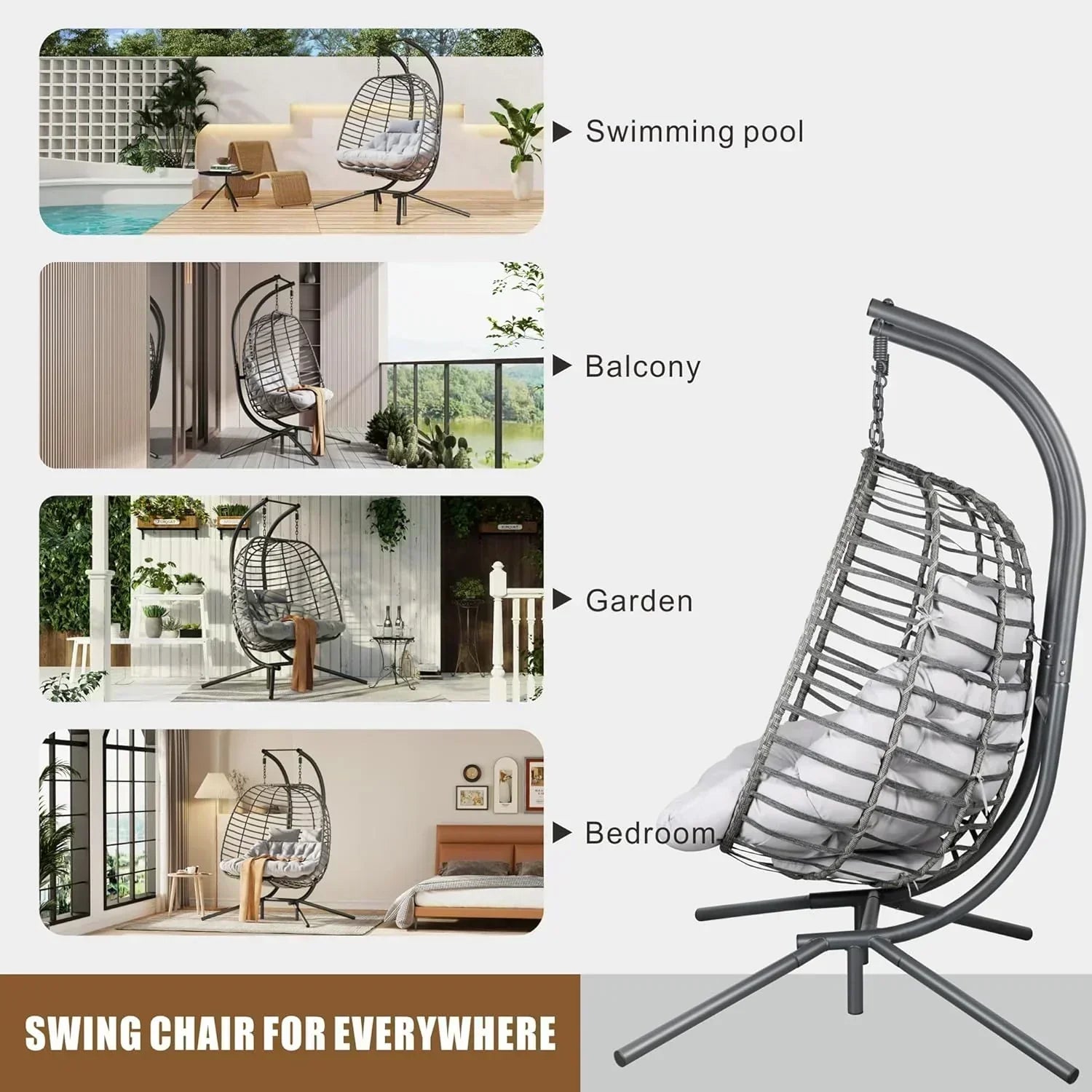 HWB Hanging Egg Chair with Stand Patio Wicker Hammock Egg Swing Chair Cushion for Bedroom