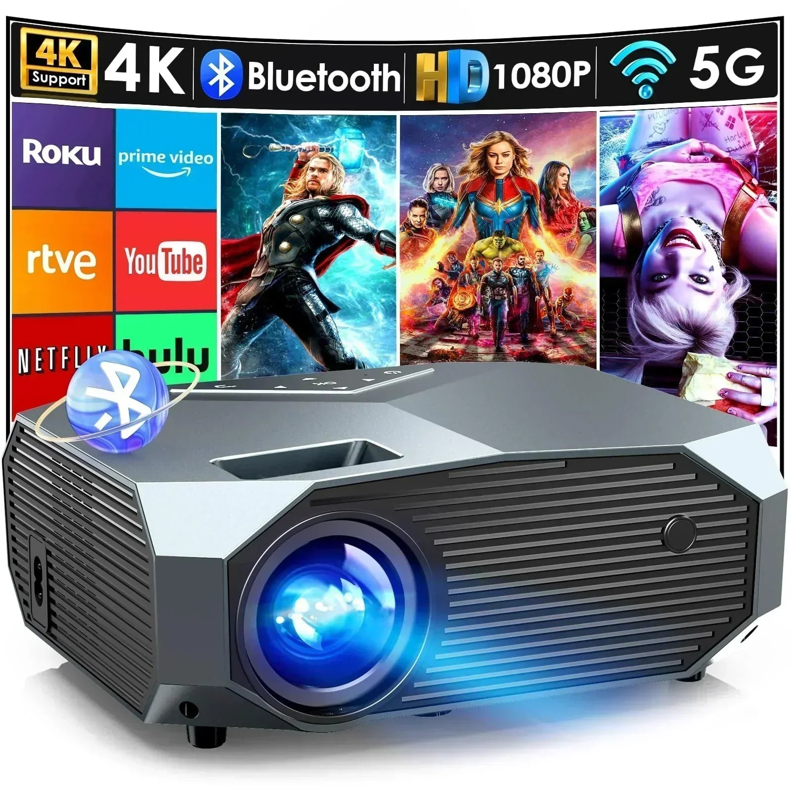 Projector with 5G WiFi and Bluetooth Native 1080P Outdoor Portable Video