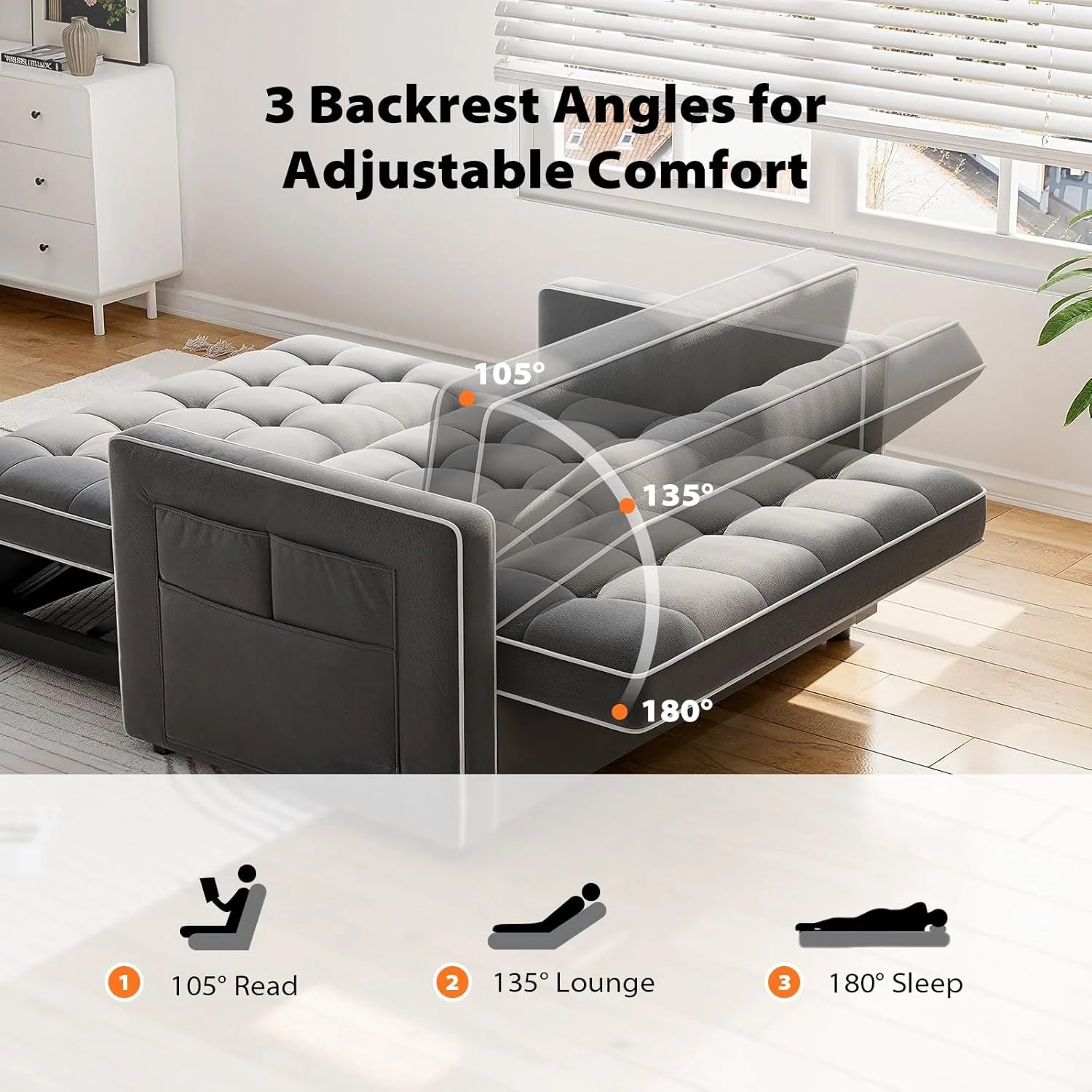 Pipishell 3 in 1 Convertible Sleeper Sofa Bed,Pull Out Couch for Living Room with USB Ports & Side Pockets,Adjustable Backrest,Velvet,Loveseat Sofa Bed,Futon Couches,Black