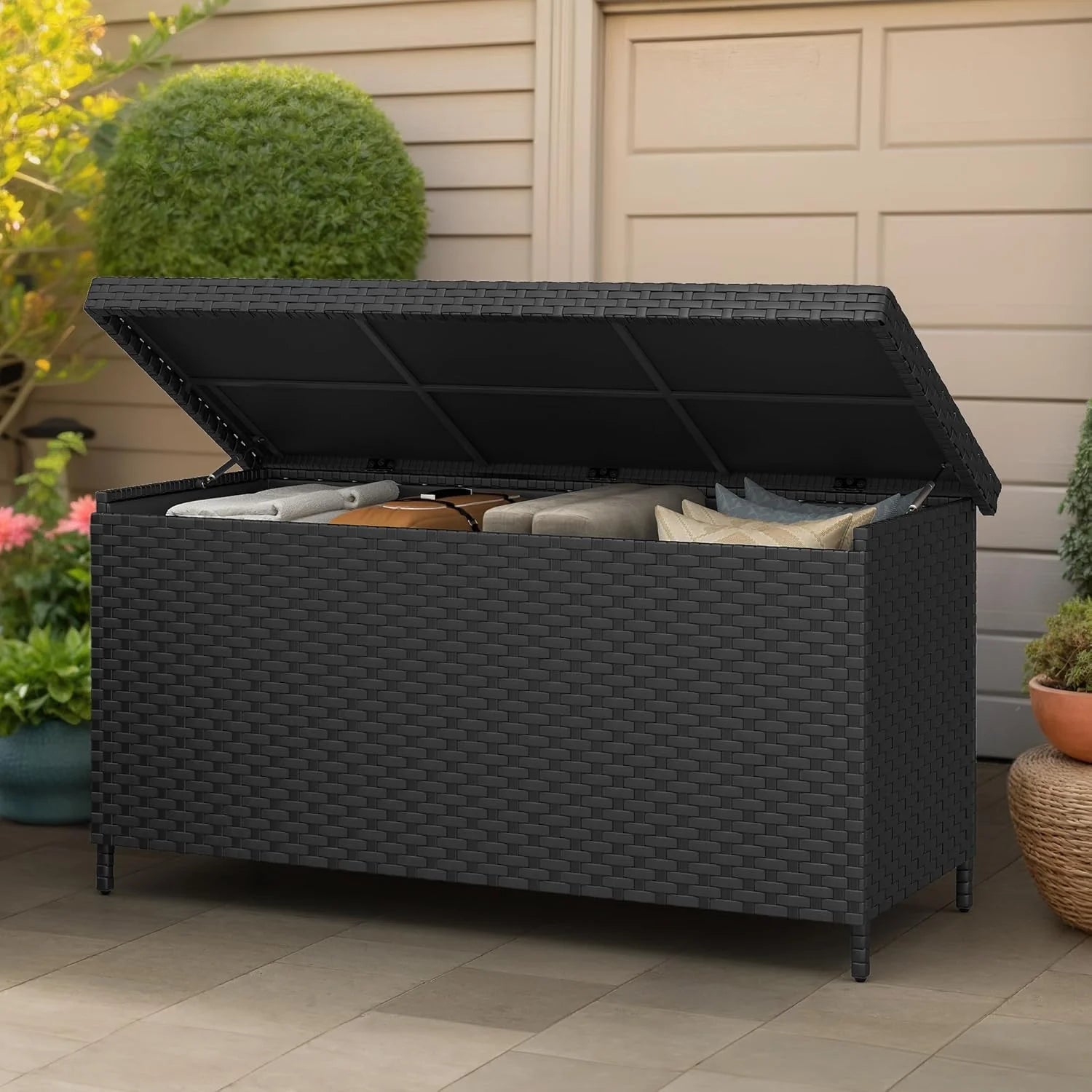 DWVO 70Gal Outdoor Storage Bench with Cushion & Composite Wood Backrest, All-Weather Wicker Deck Bench with Rustproof Bag, Poolside, Patio, Garden (Sand Beige)