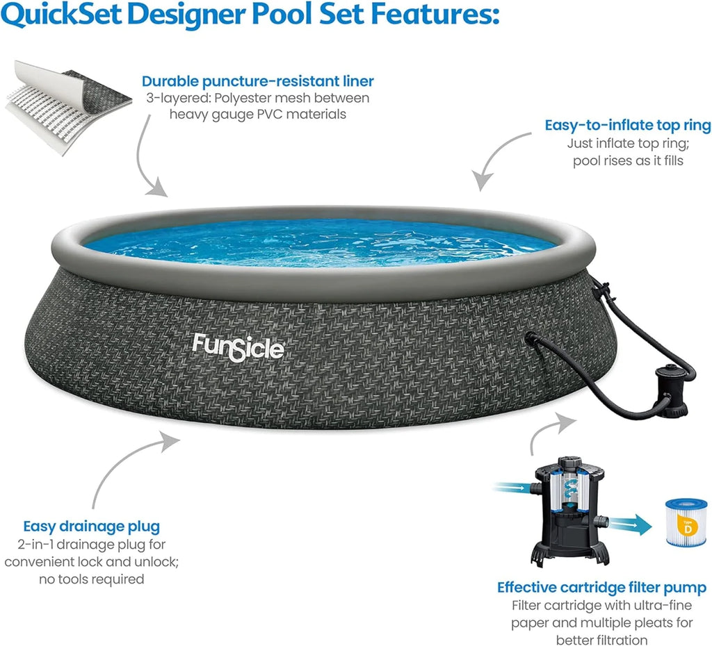 Funsicle 12 Foot by 36 Inch Quickset Round Inflatable Ring Top Outdoor Above Ground Swimming Pool Set with Pump and Cartridge Filter, Dark Herringbone