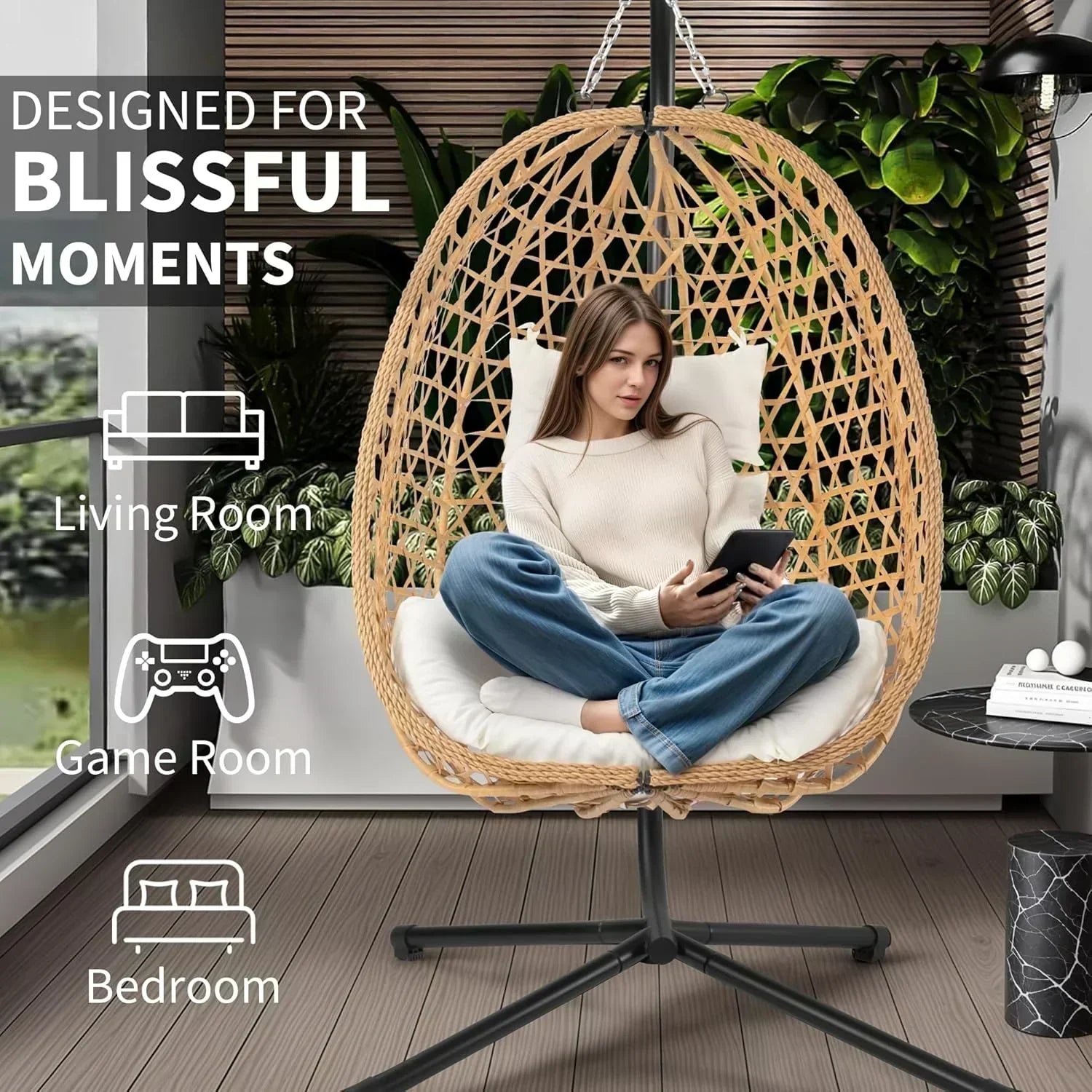 Egg Chair with Stand Patio Wicker Hanging Chair Hammock Swing Chair 350LBS Capacity for Bedroom