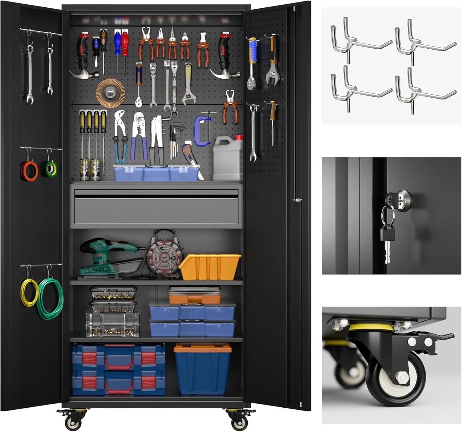 Metal Storage Cabinet with Pegboard 71'' x 34'' x 18'',Lockable Steel Storage Cabinet with 5 Adjustable Shelves and Door for Garage, Office, Kitchen, Assembly Required(Black)