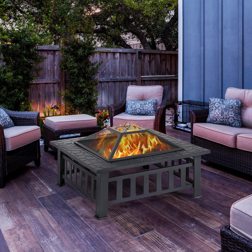 Yaheetech Multifunctional Fire Pit Table Square Metal Firepit Stove Backyard Patio Garden Fireplace