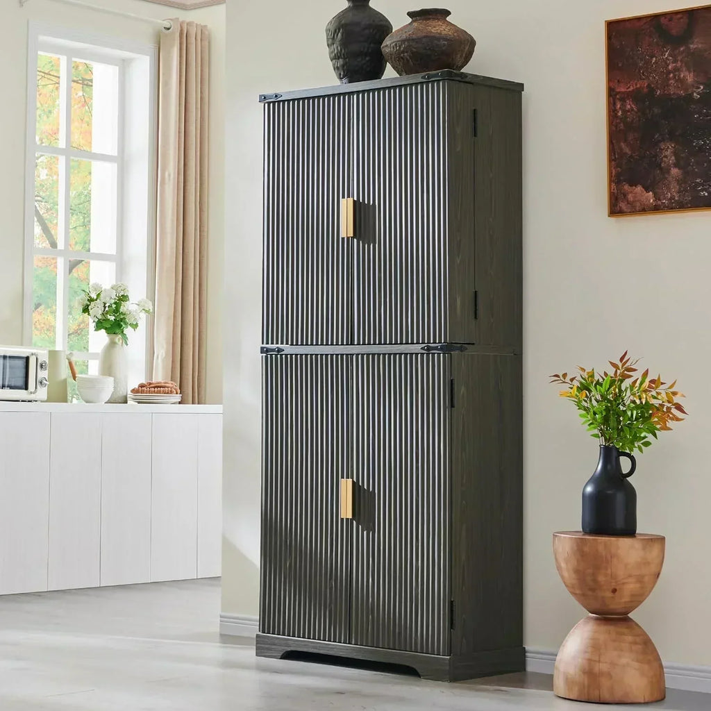 Fluted Pantry Cabinet 72 Tall Modern Storage Cabinet with 4 Doors Organizer Drawer