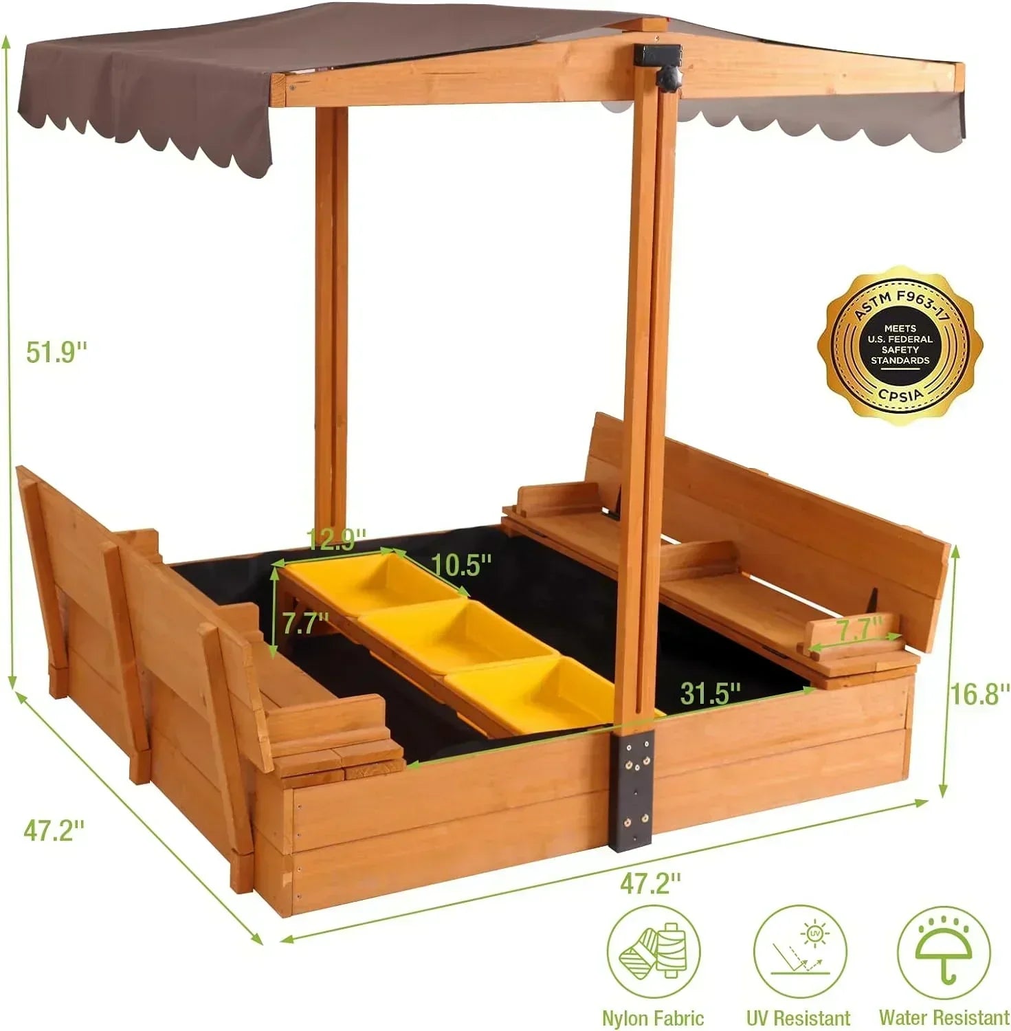 Kids Wooden Outdoor Sandbox Canopy 2 Foldable Bench Seats Retractable Roof Sand Protection Liner