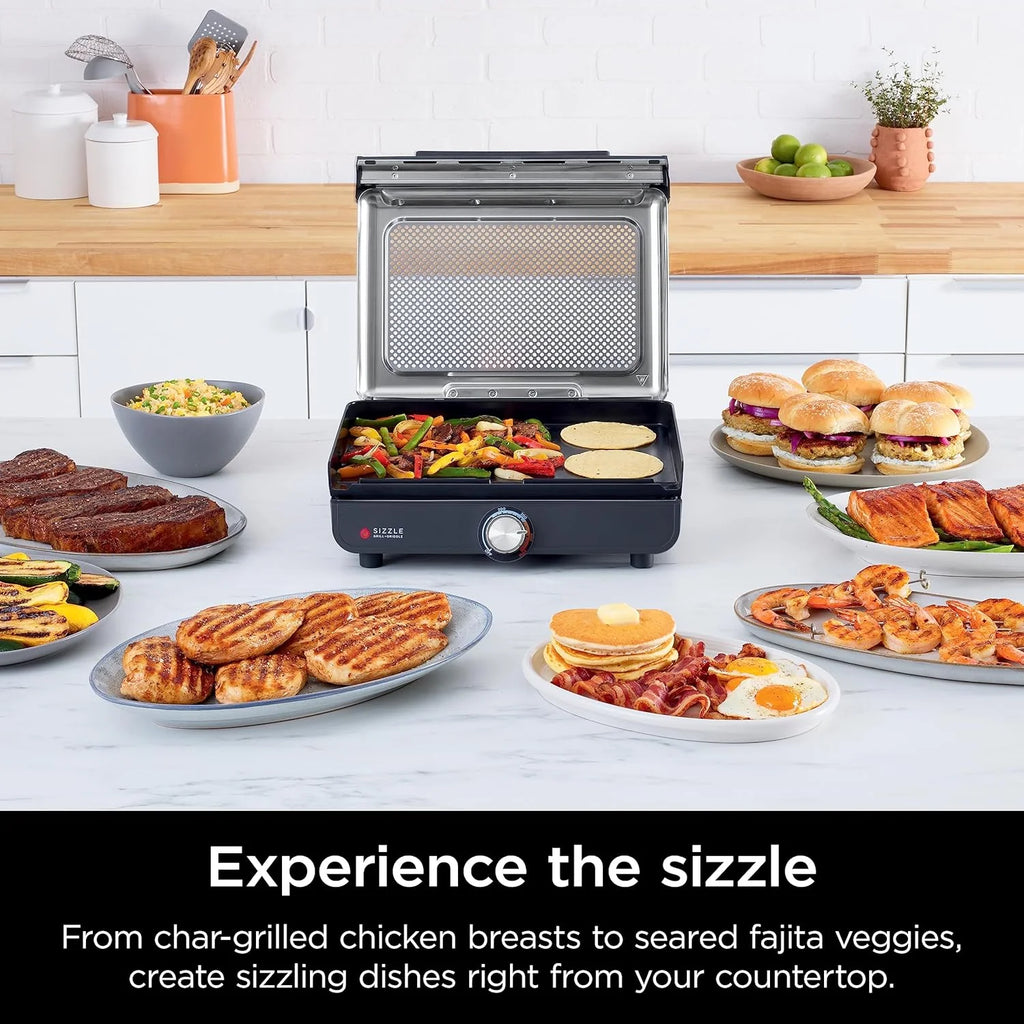 Ninja Griddle and Indoor Grill, 14��? Electric Grill, For Steak, Burgers, Salmon, Veggies, and More, Pancake Griddle, Nonstick, Dishwasher Safe, 500F, Even Cooking, Silver, GR101