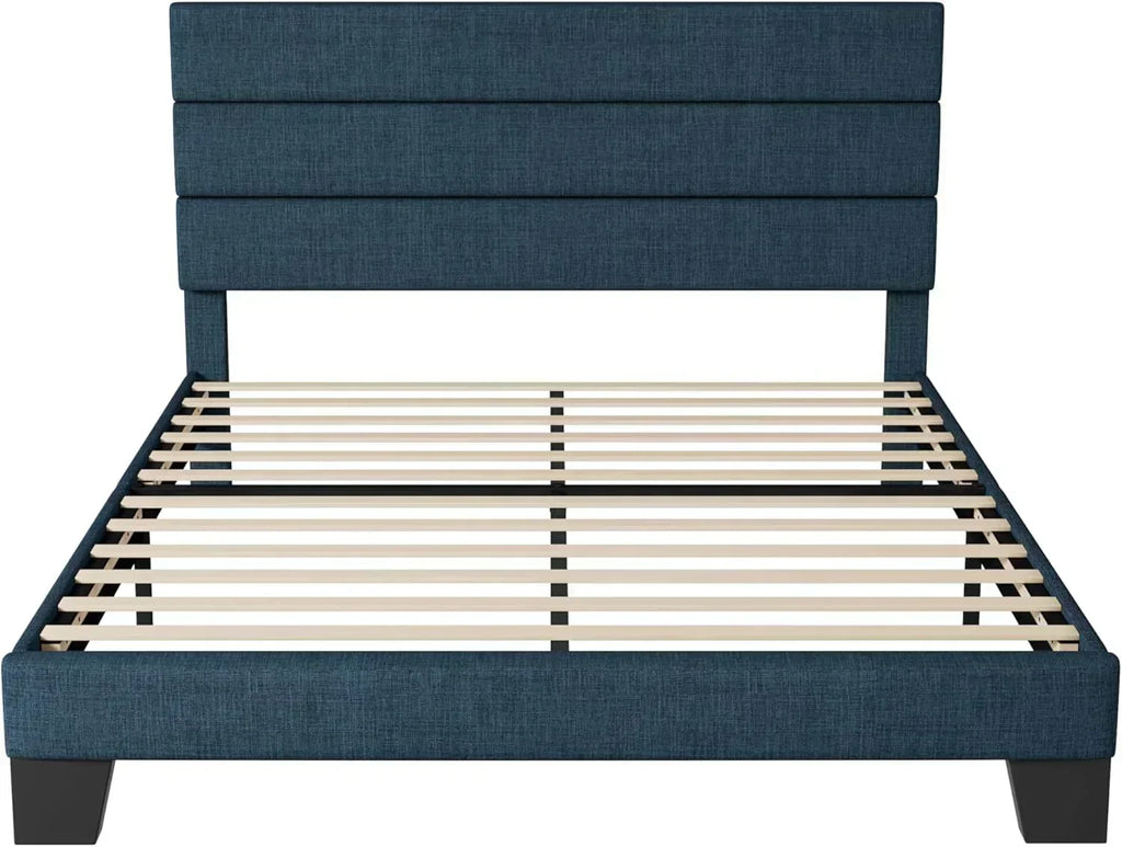 Allewie King size platform bed frame with velvet upholstered headboard and planks
