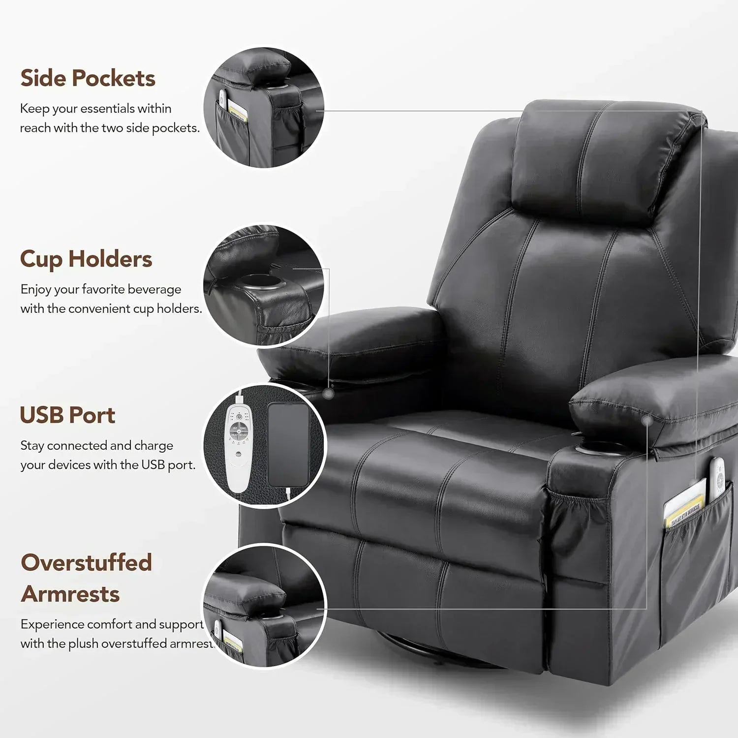 Large Swivel Rocking Recliner with Massage Function 360 Degree Swivel Rocking Single Sofa