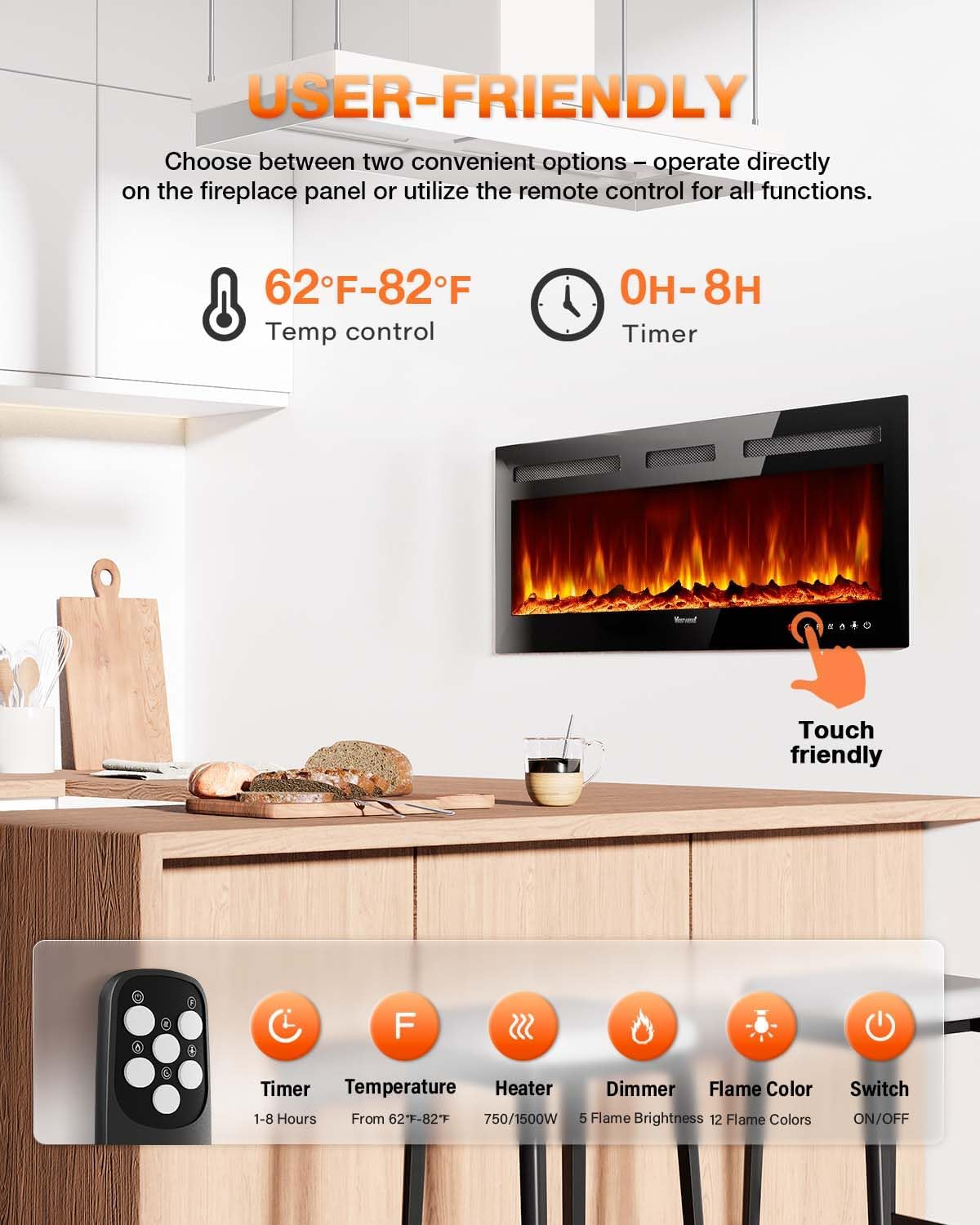 Electric Fireplace 60Inch Wall Mounted Electric Fireplace Heater with Timer Inserts TV Stand