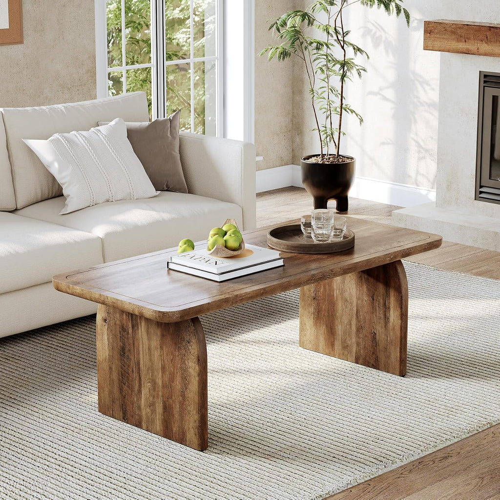 LITTLE TREE Farmhouse Coffee Table 47 Inch Round Corner Wood Center Table Rectangular
