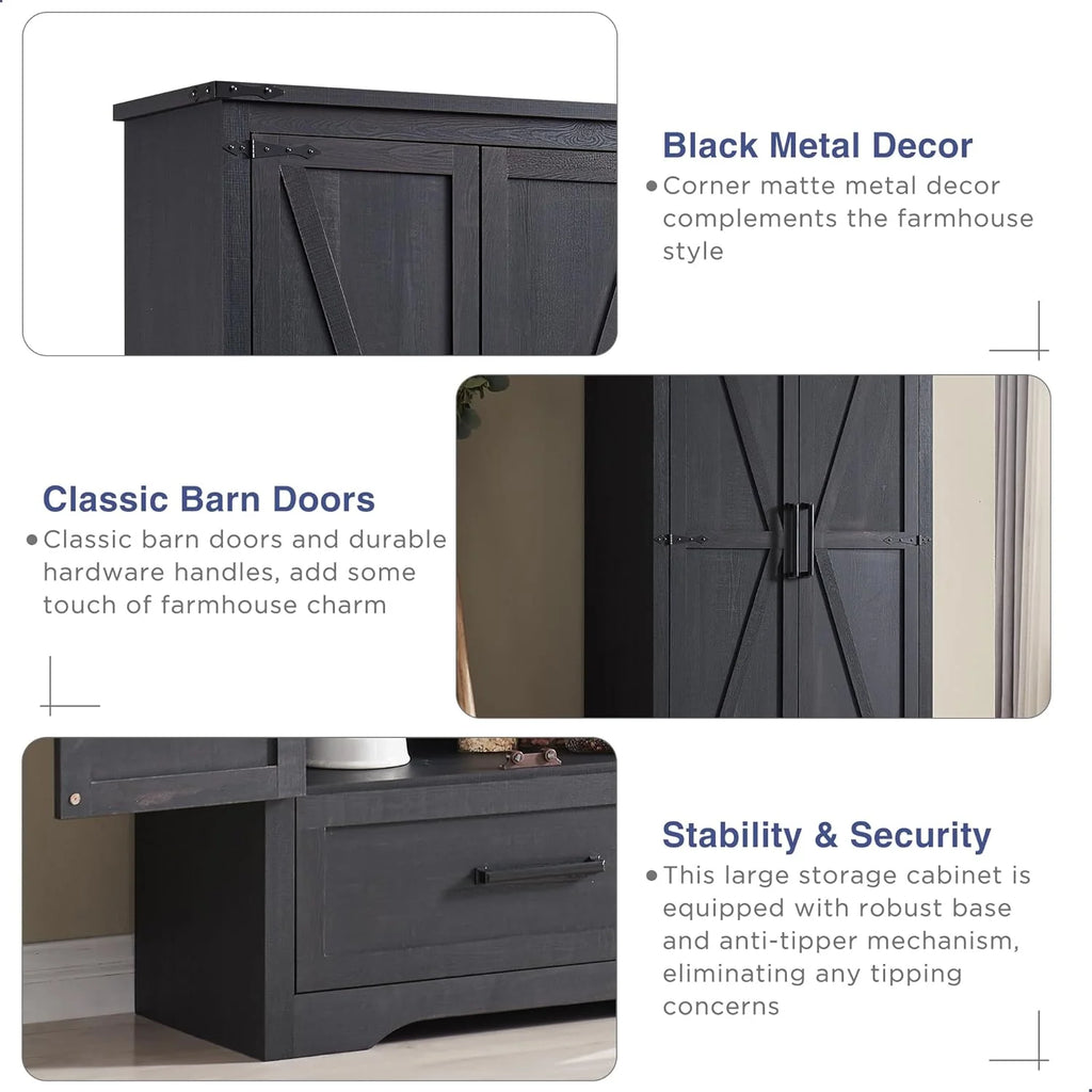JXQTLINGMU Farmhouse Kitchen Pantry - 72 Tall Wood Kitchen Storage Cabinet with Adjustable Shelves and 2 Barn-Style Doors and Drawers