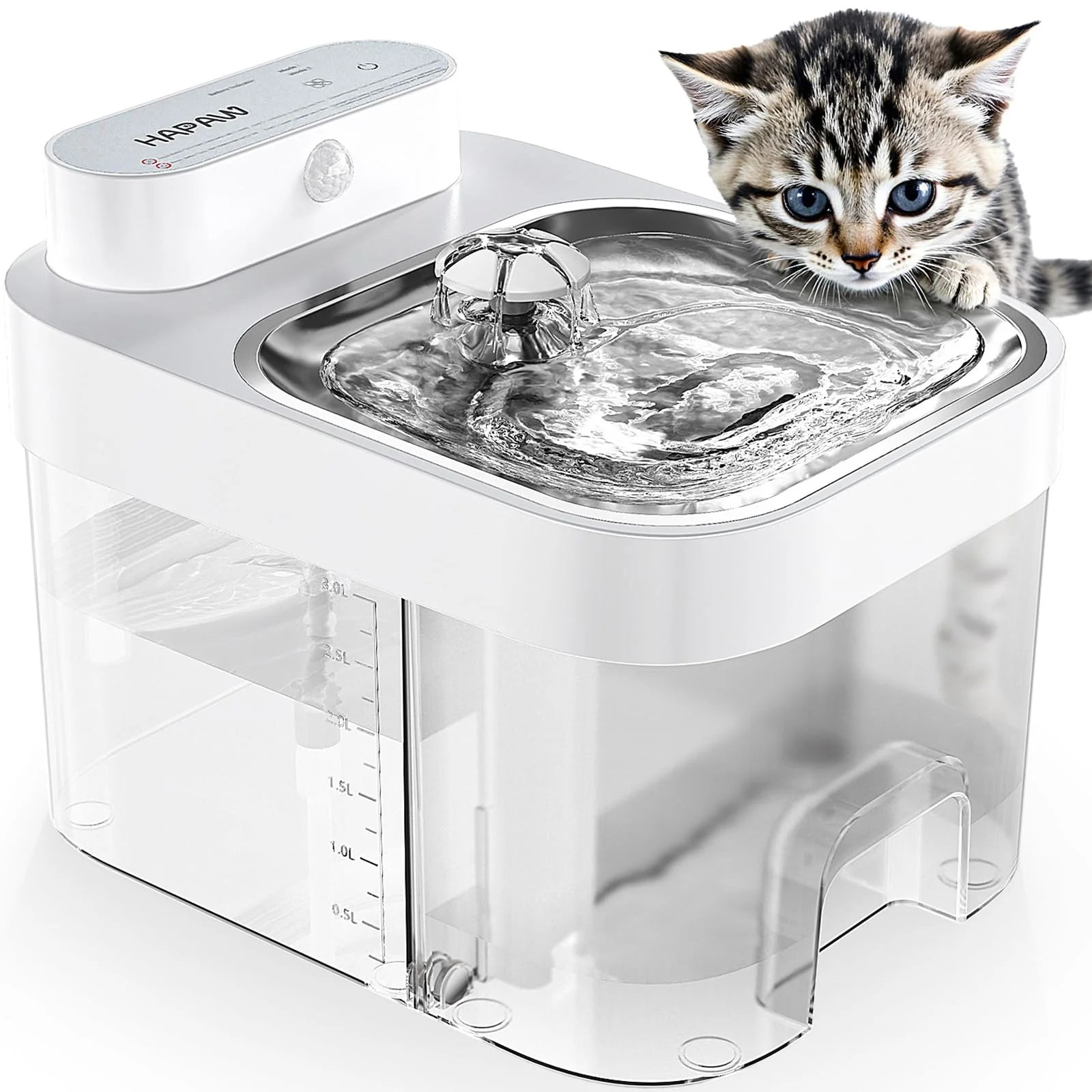 Cat Water Fountain Dual Tank No Filter 3L Battery Powered with Stainless Steel Tray for Cats