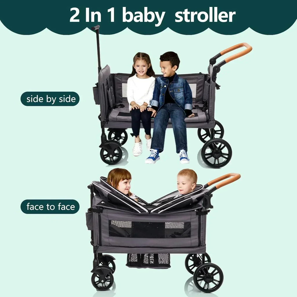 Wagon Stroller for 2 Kids Cargo-Travel Stroller Push-Pull Double Wagon Lightweight Folding Stroller