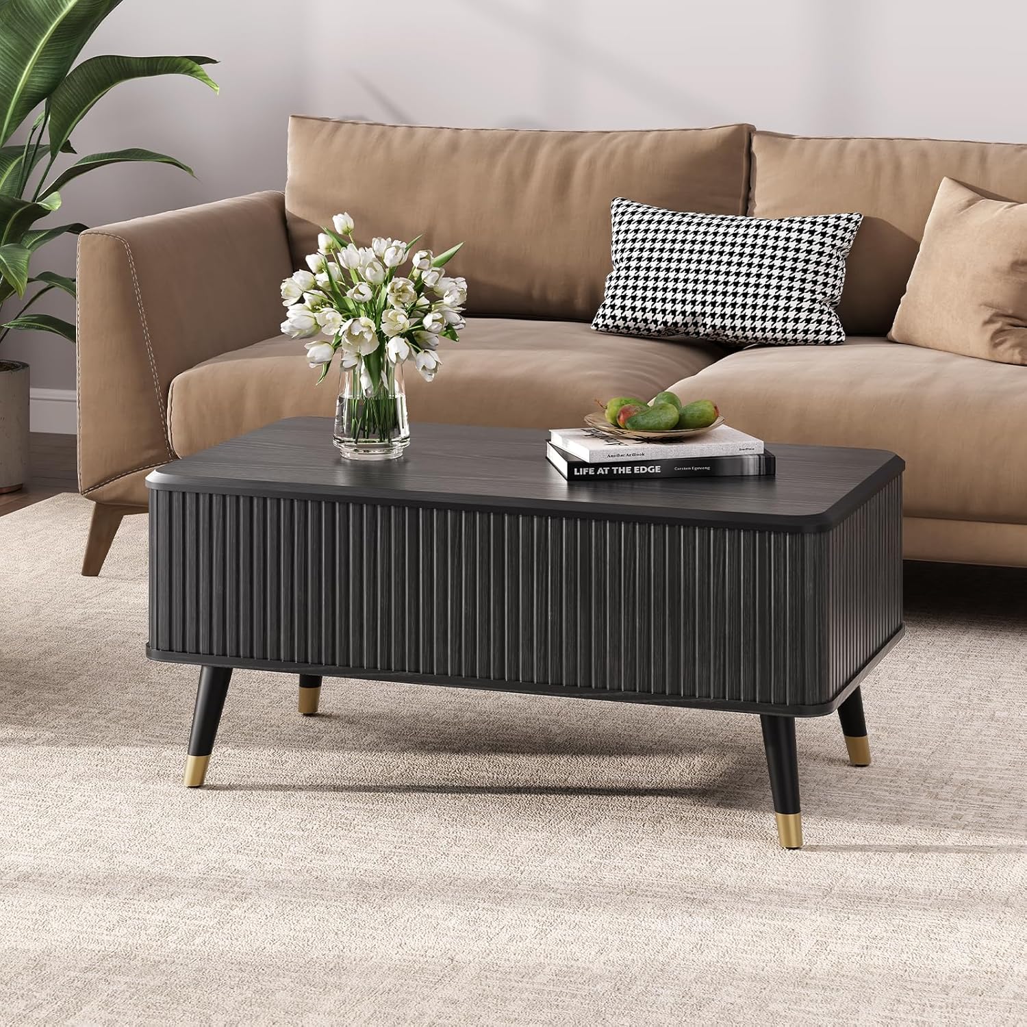 Round Coffee Table with Storage Fluted Center Table with Sliding Cabinet Door for Living Room