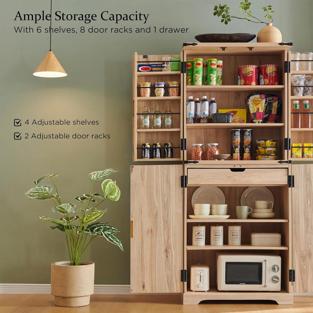 Fluted Pantry Cabinet, 72 Tall Modern Storage Cabinet with 4 Doors, Organizer, Drawer and Adjustable Shelves, Wood Cupboard