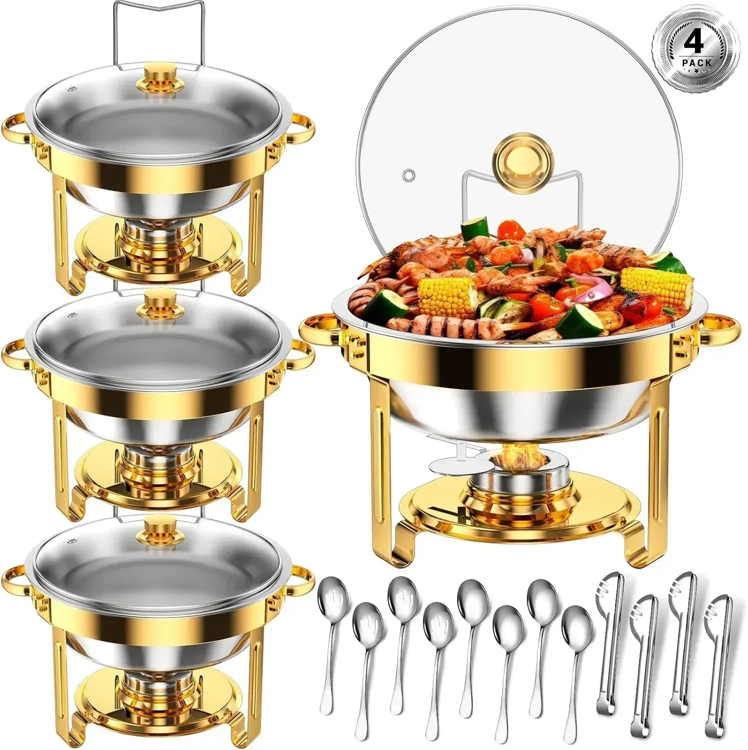 Round Chafing Dishes for Buffet 4 Pack 5 Qt High Grade Chafing Dish Buffet Set