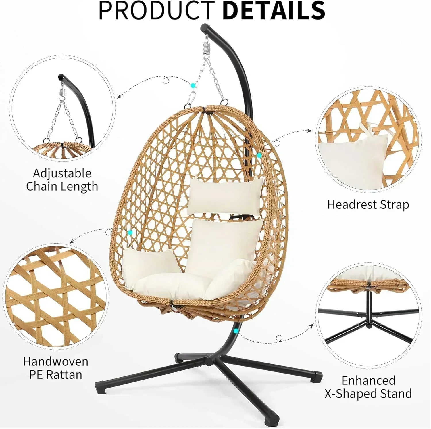 Egg Chair with Stand Patio Wicker Hanging Chair Hammock Swing Chair 350LBS Capacity for Bedroom