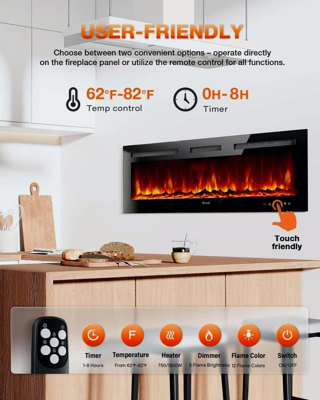 Electric Fireplace 60Inch Wall Mounted Electric Fireplace Heater with Timer Inserts TV Stand
