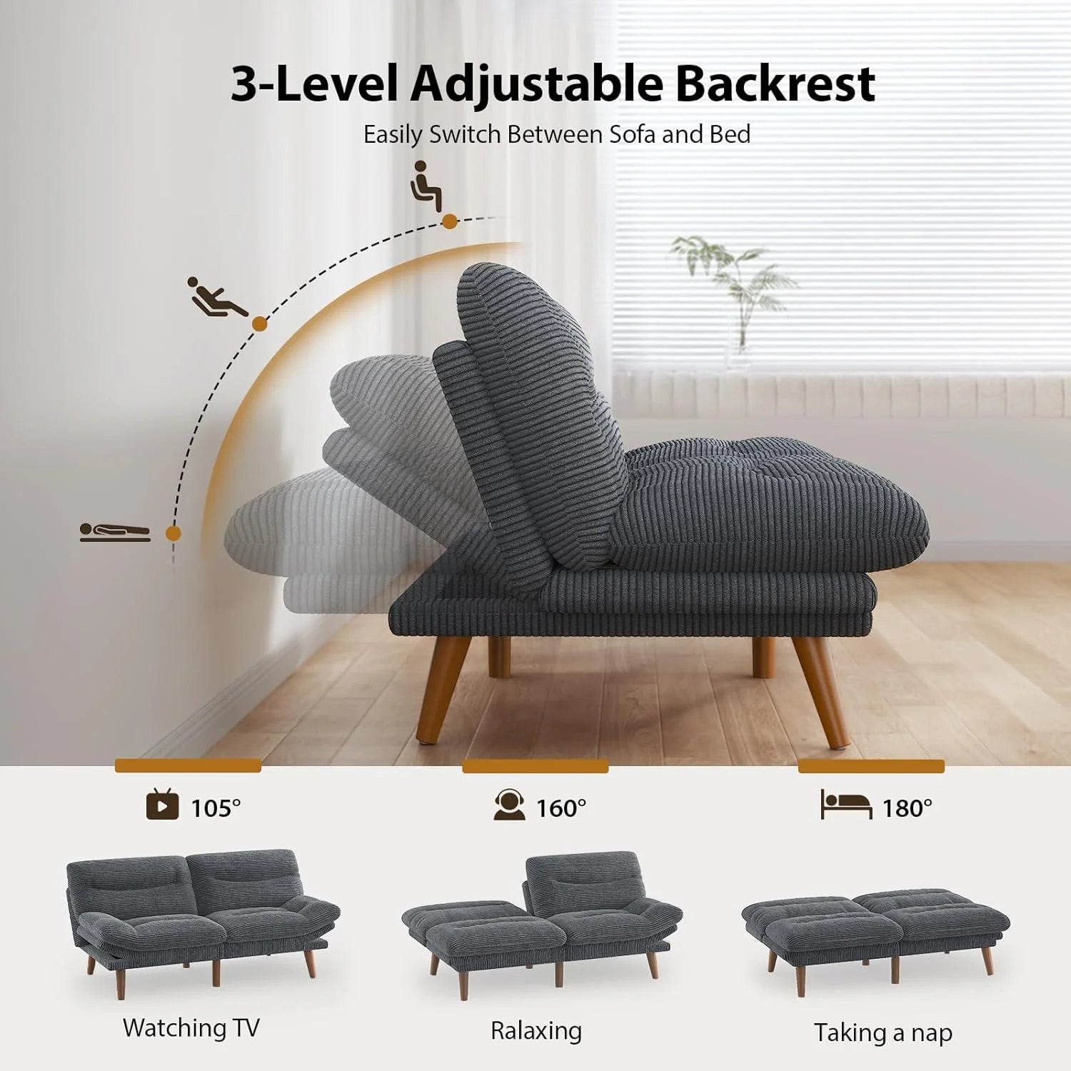 Convertible Futon Sofa Bed, 66 Inch Corduroy Futon Sofa Recliner Sofa Bed for Small Spaces, Playrooms or Offices