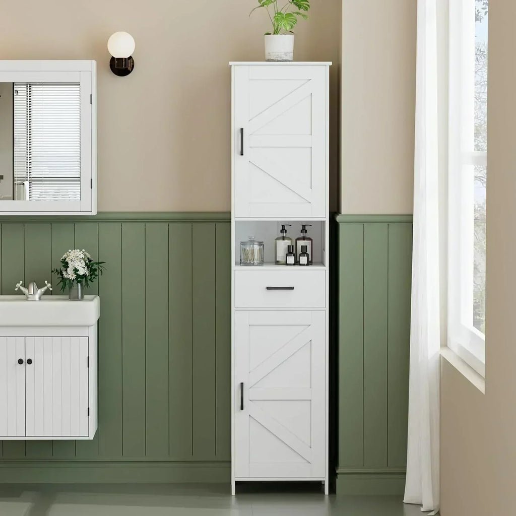 Homhedy 67 H Tall Bathroom Storage Cabinet with 2 Barn Doors and 1 Drawer Narrow Storage Unit