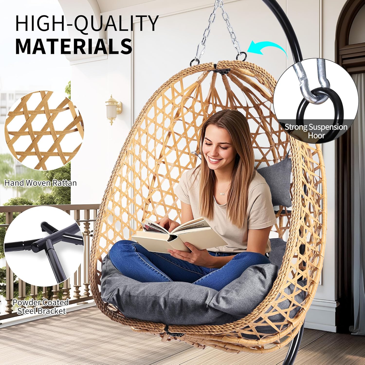 Egg Chair with Stand Patio Wicker Hanging Chair Hammock Swing Chair 350LBS Capacity for Bedroom