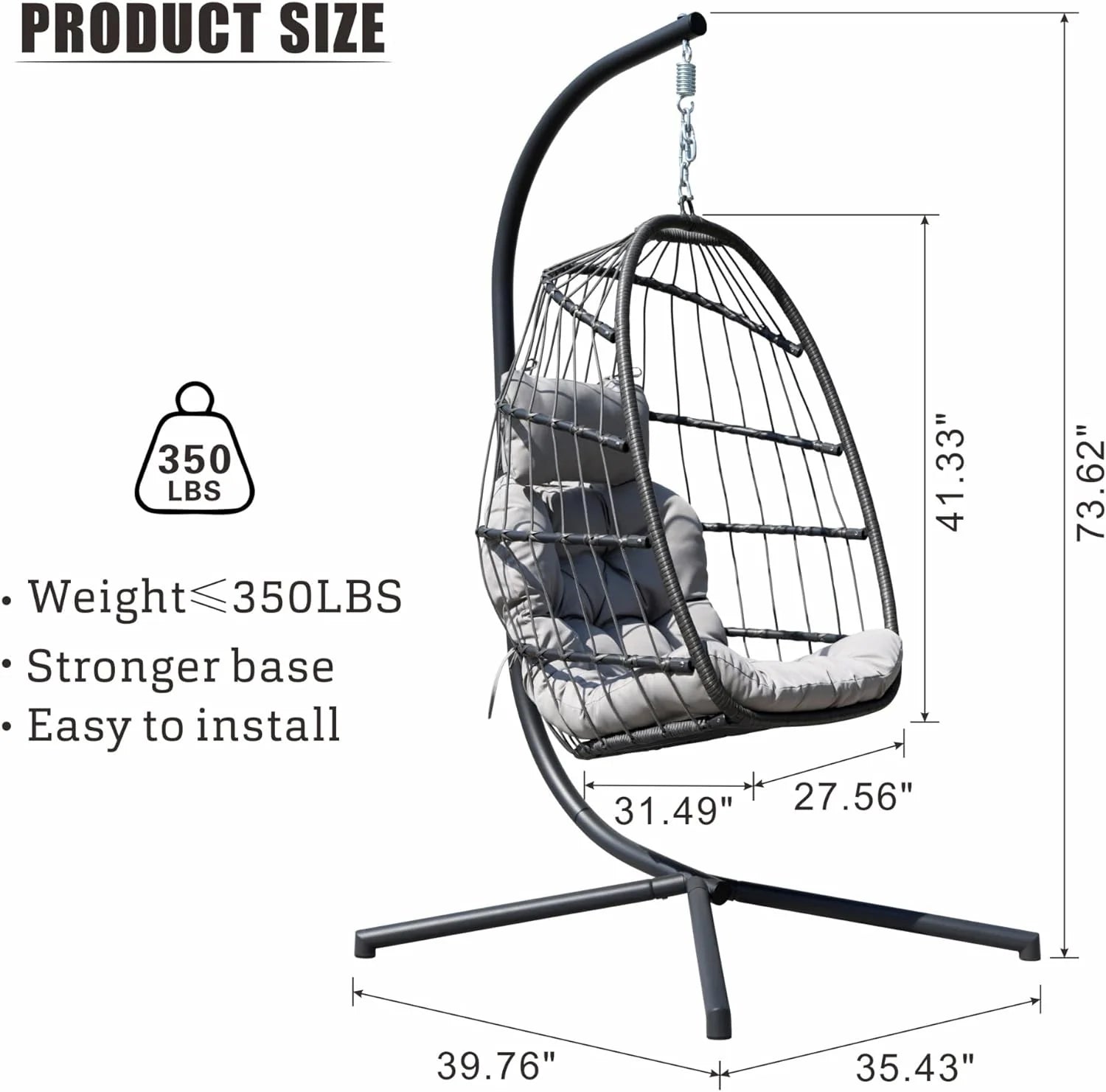 HWB Hanging Egg Chair Patio Wicker Hammock Egg Swing Chair with Cushion for Bedroom