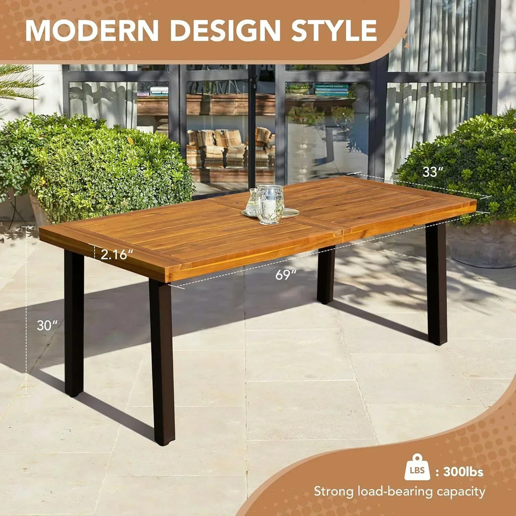 Devoko Home Acacia Wood Dining Table 6-Person Indoor Outdoor Table Iron Legs Sandblast Finish