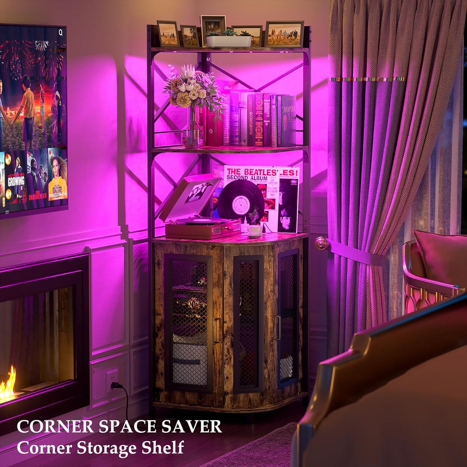 Corner bar cabinet with power socket industrial style wine cabinet light strip and glass rack