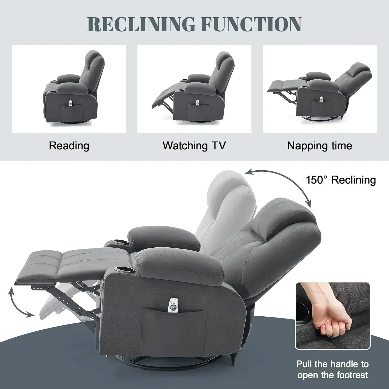 Large Swivel Rocking Recliner with Massage Function 360 Degree Swivel Rocking Single Sofa