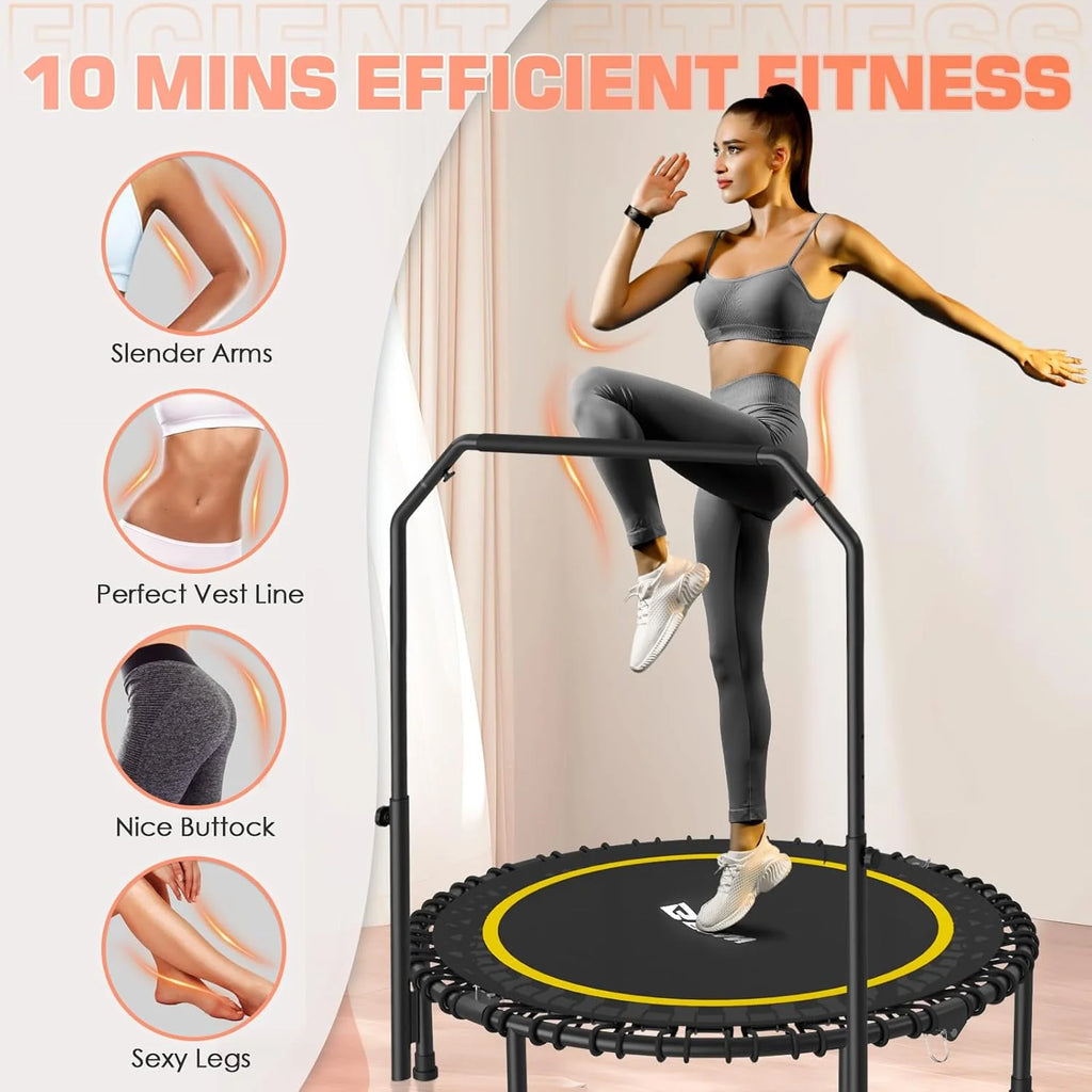 BCAN 450/550 LBS Foldable Mini Trampoline, 40/48 Fitness Trampoline with Bungees, U Shape Adjustable Foam Handle, Stable & Quiet Exercise Rebounder for Adults Indoor/Outdoor Workout