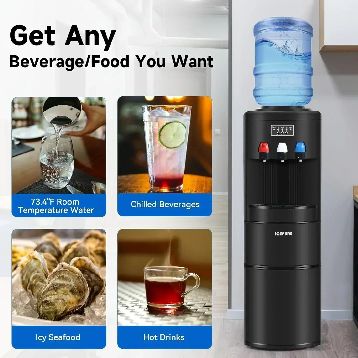 ICEPURE Water Dispenser with Ice Maker 3-in-1 Hot and Cold Water Cooler Ice Maker Machine