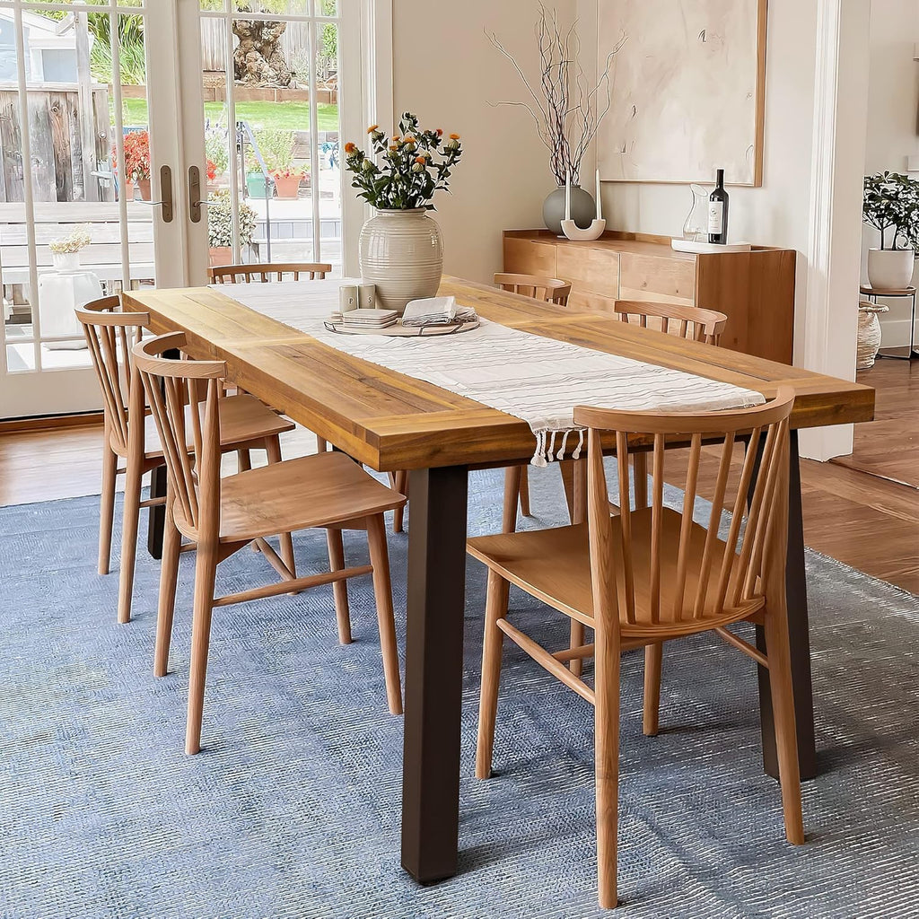 Devoko Home Acacia Wood Dining Table 6-Person Indoor Outdoor Table Iron Legs Sandblast Finish