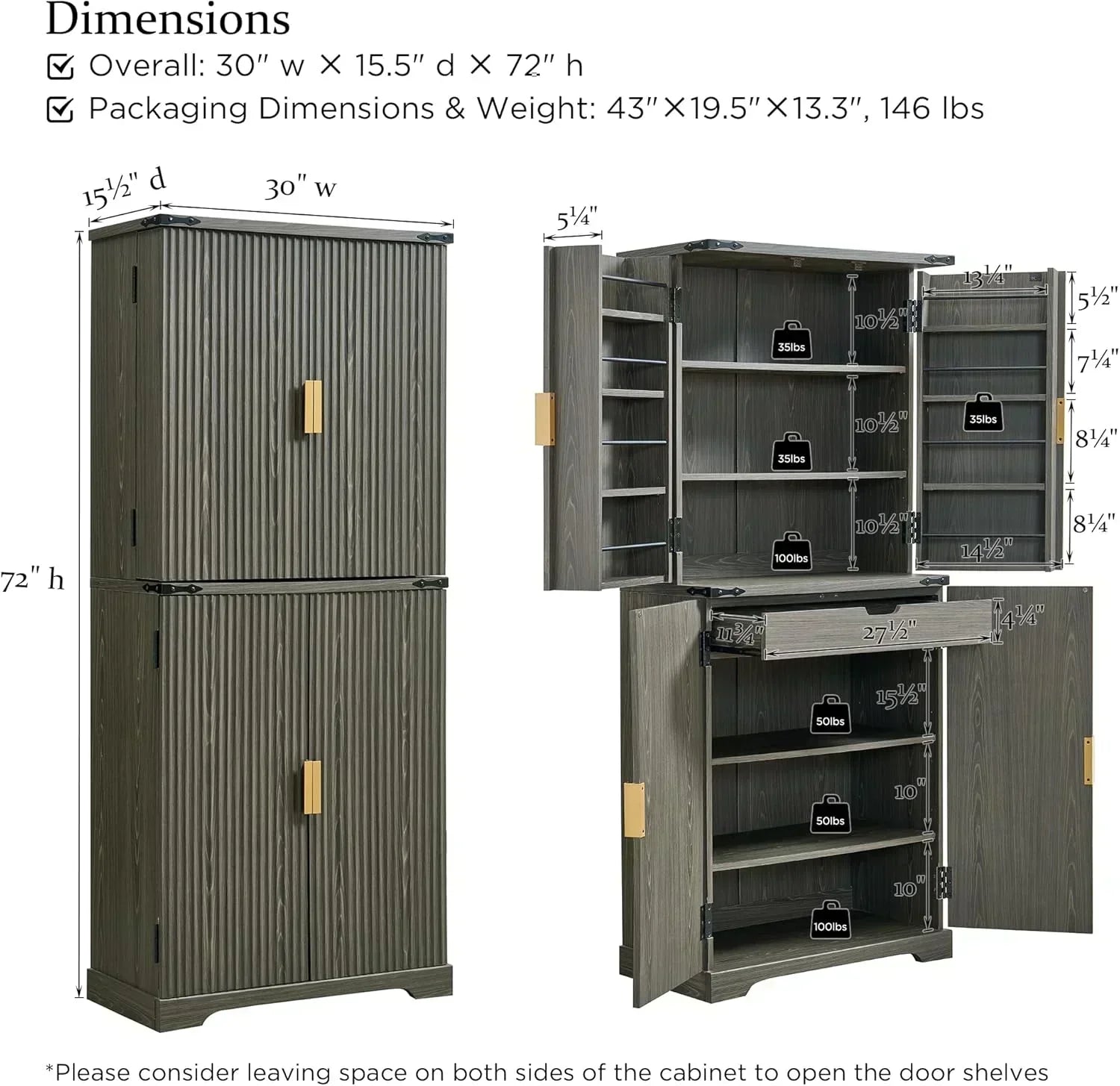 Fluted Pantry Cabinet 72 Tall Modern Storage Cabinet with 4 Doors Organizer Drawer