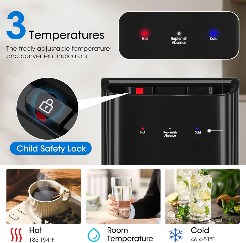 Bottom-loading water dispenser, 5-gallon water bottle, three temperature settings - hot water