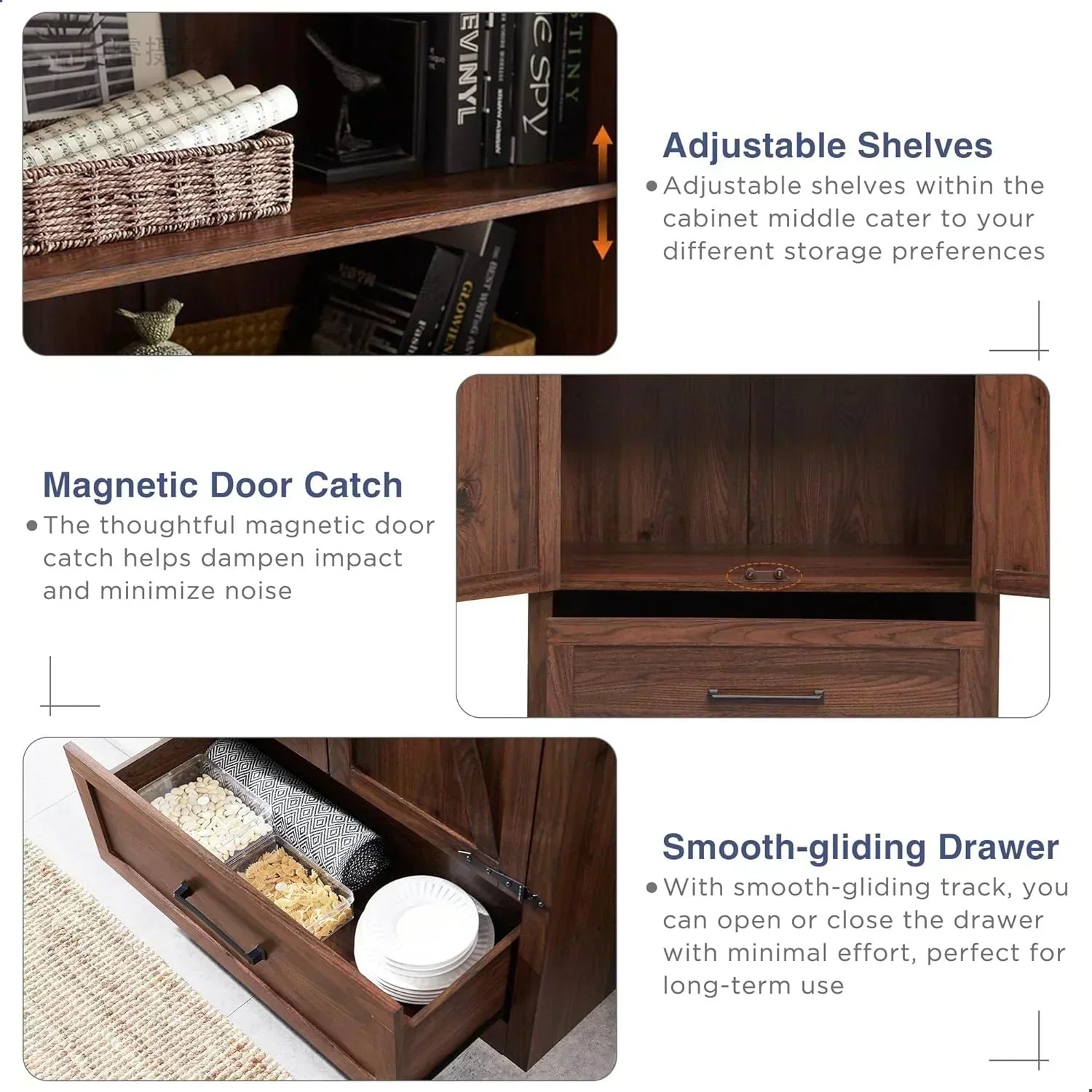 JXQTLINGMU Farmhouse Kitchen Pantry 72 Tall Wood Kitchen Storage Cabinet Adjustable Shelves