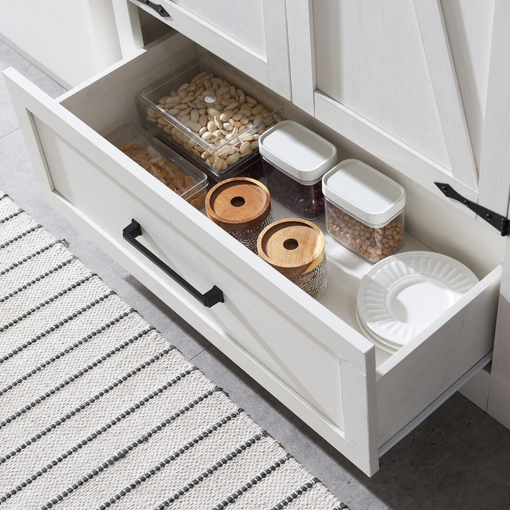 JXQTLINGMU Farmhouse Kitchen Pantry - 72 Tall Wood Kitchen Storage Cabinet with Adjustable Shelves and 2 Barn-Style Doors and Drawers
