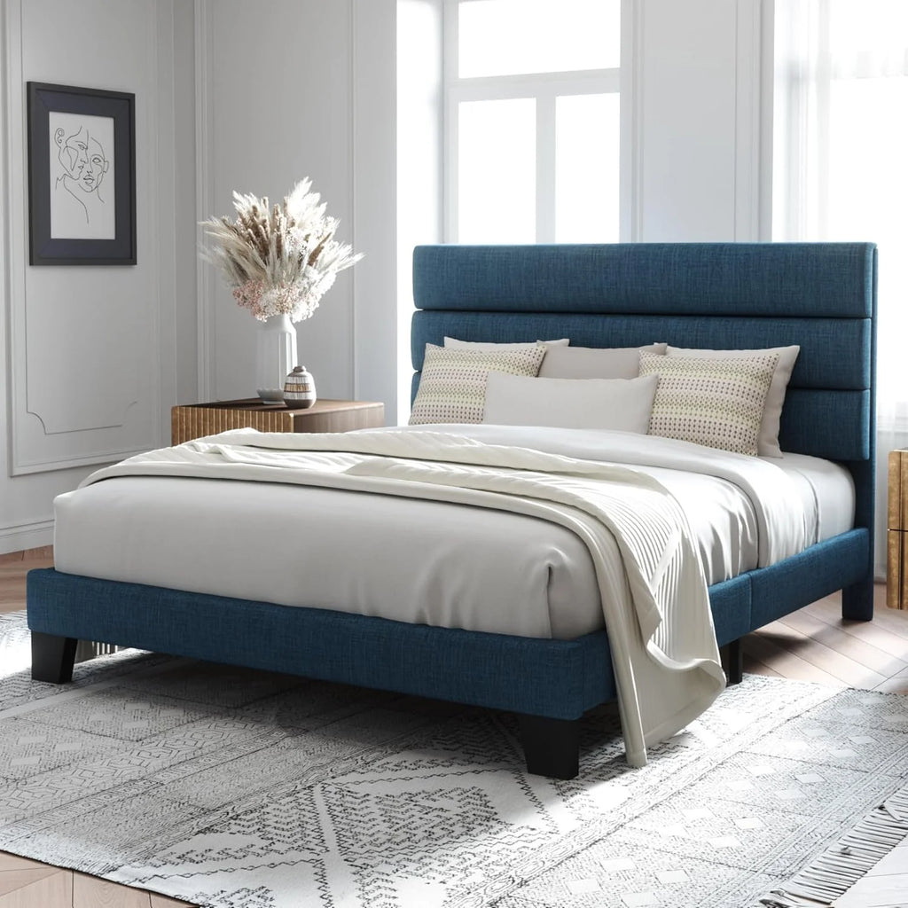 Allewie Queen Size Platform Bed Frame Fabric Upholstered Headboard Wooden Slats Support