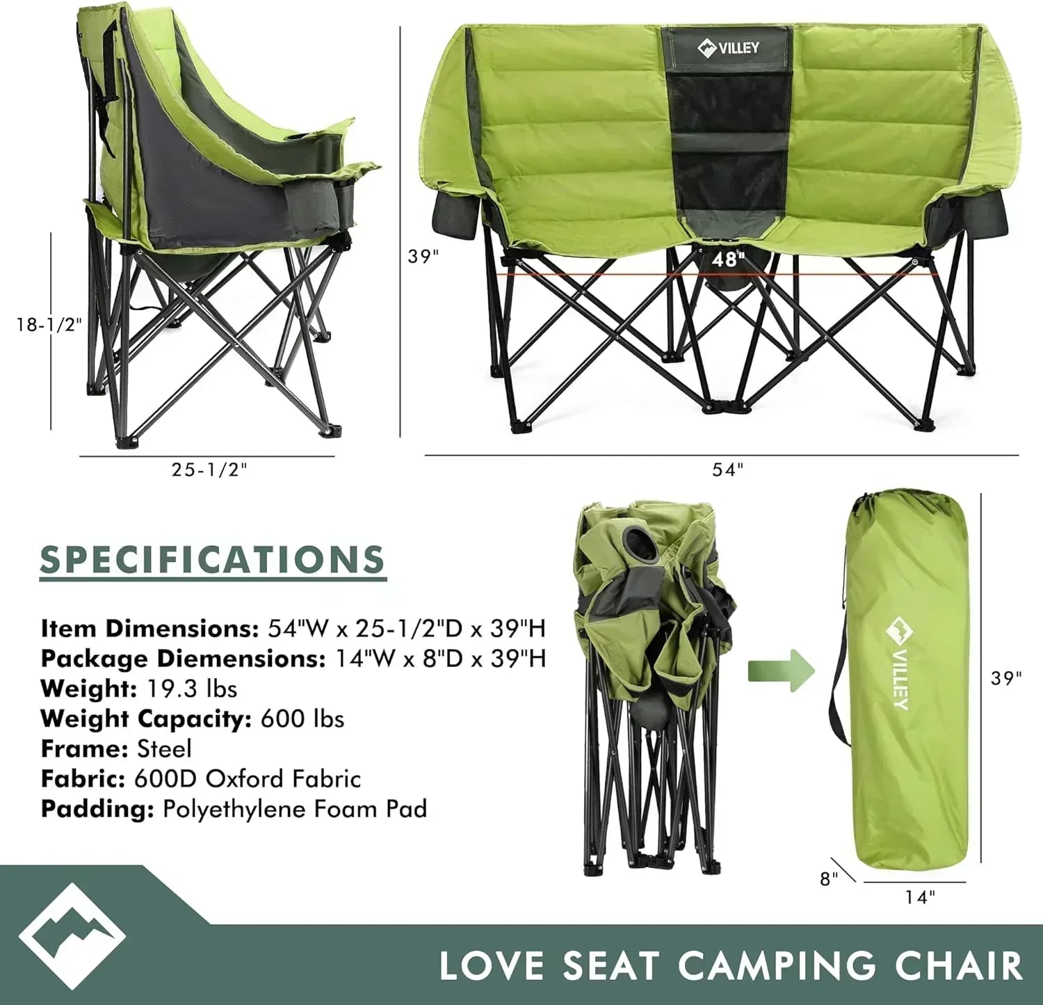 Double camping chair extra wide love seat heavy duty padded camping sofa portable folding chair