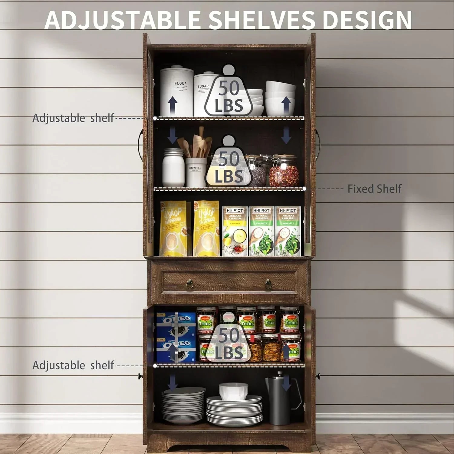 Kitchen Hutch Pantry Cabinet 71 Tall with Glass Doors