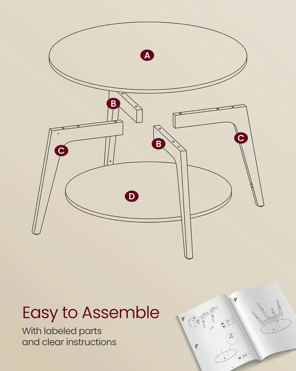 VASAGLE Round Coffee Table 2 Tier Coffee Table with Storage for Living Room 31.5 x 17.7 Inches