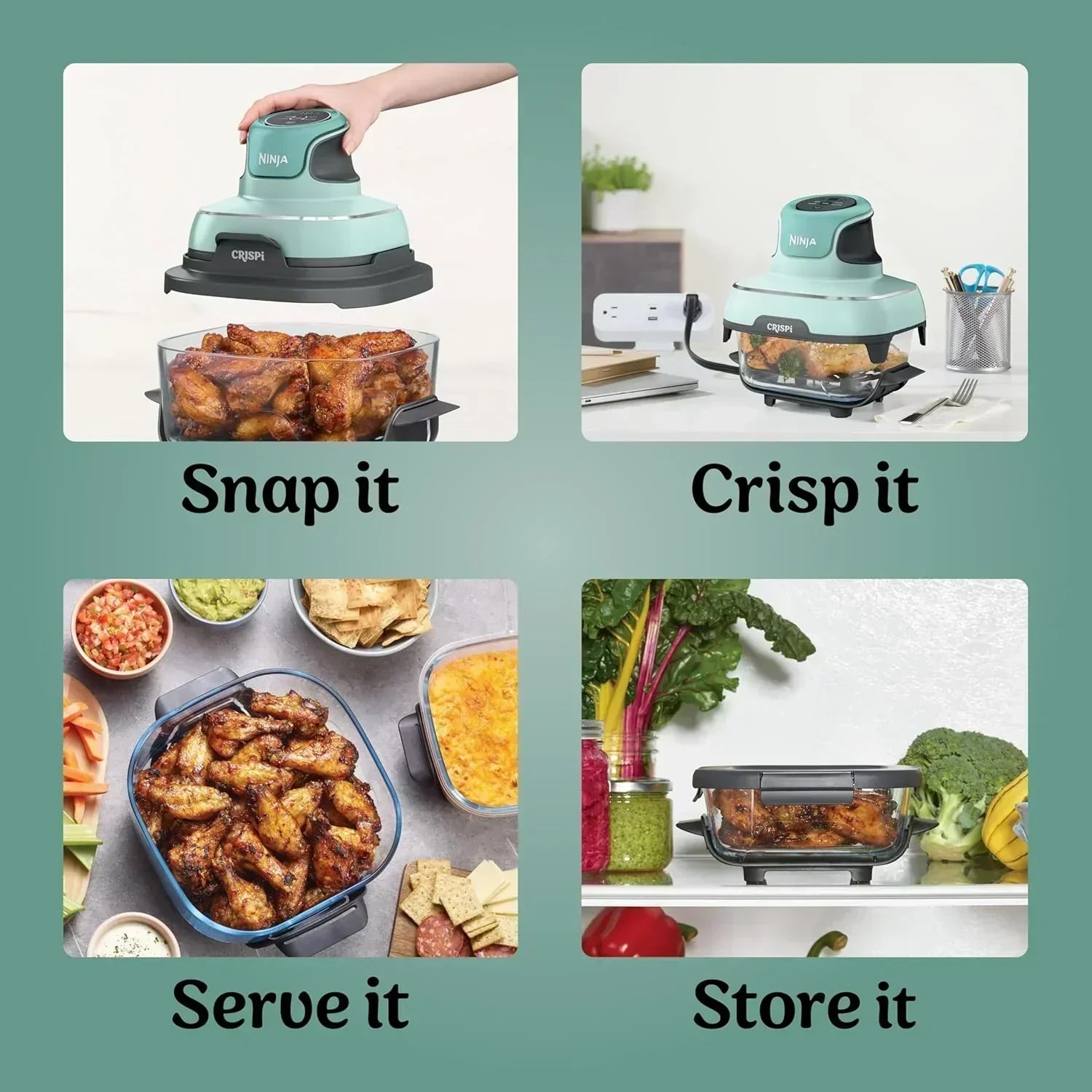 Ninja Crispi 4 in 1 Portable Glass Air Fryer Cooking System 4QT 6 Cup TempWare Glass Containers