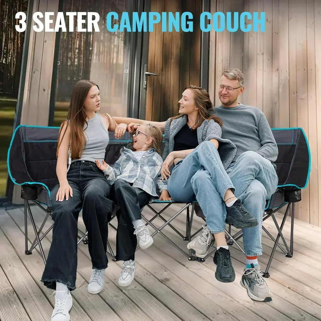 Double Camping Chair Cooler 3-Person Folding Extra Large Camping Chair 1000-Pound Capacity