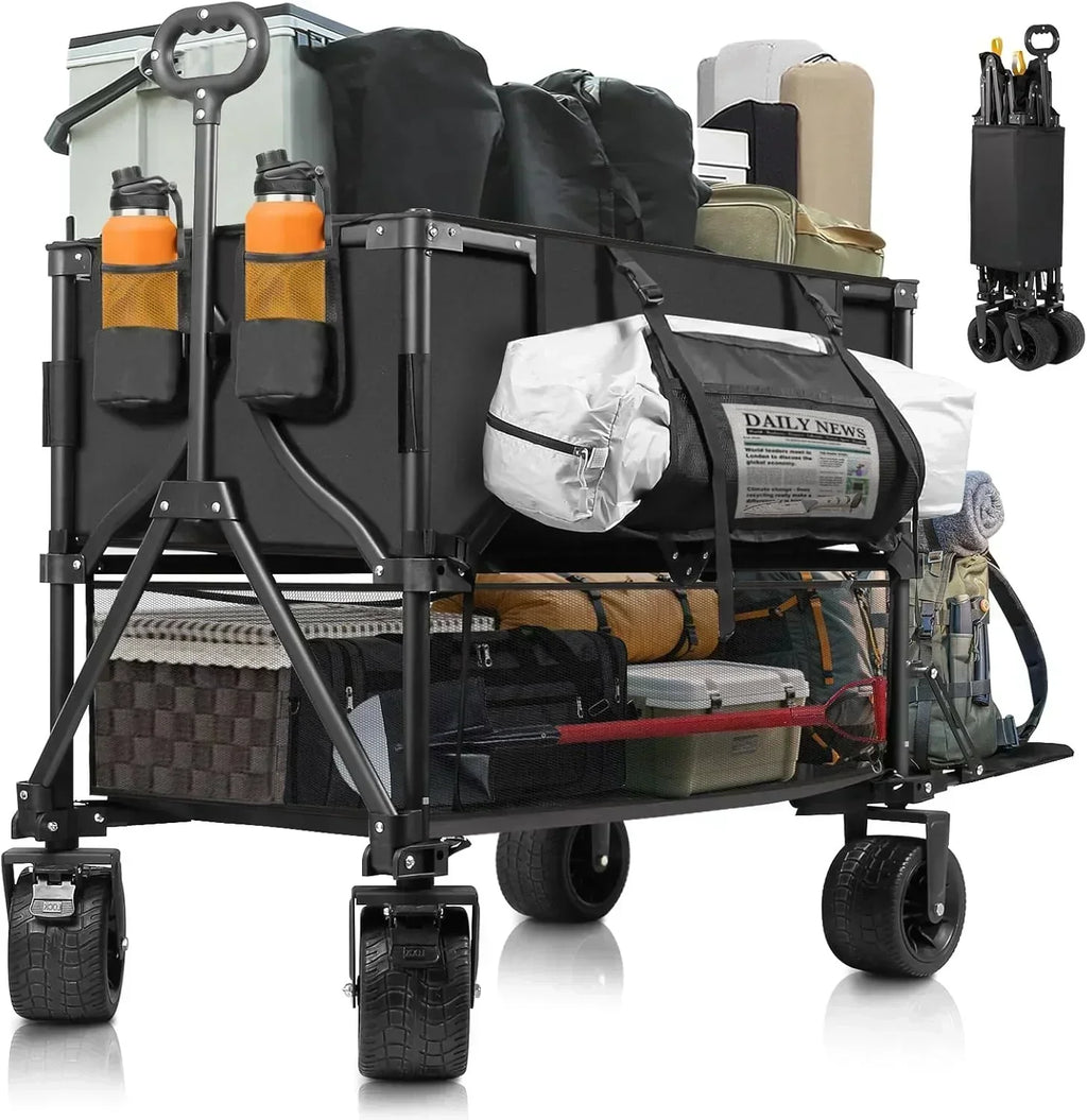 Double Decker Wagon Heavy Duty Collapsible 600LBS 400L Capacity Foldable Utility Cart