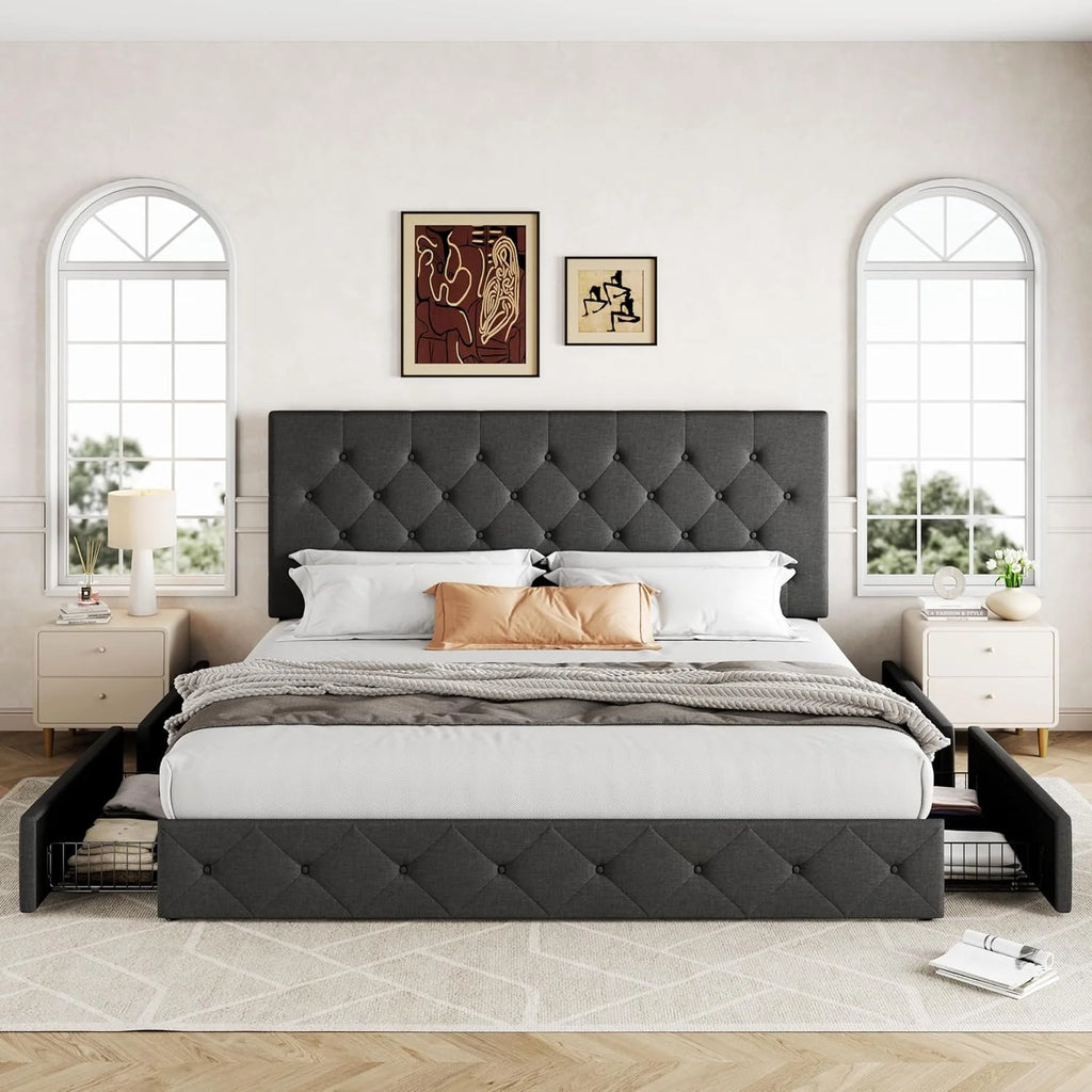 Allewie Upholstered Queen Size Platform Bed Frame with 4 Storage Drawers and Headboard