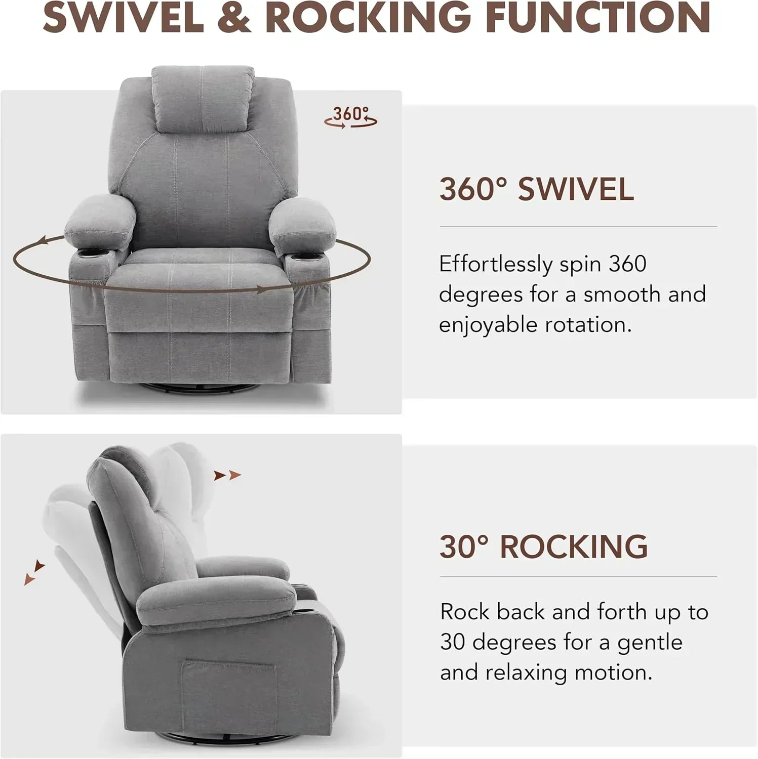 Large Swivel Rocking Recliner with Massage Function 360 Degree Swivel Rocking Single Sofa