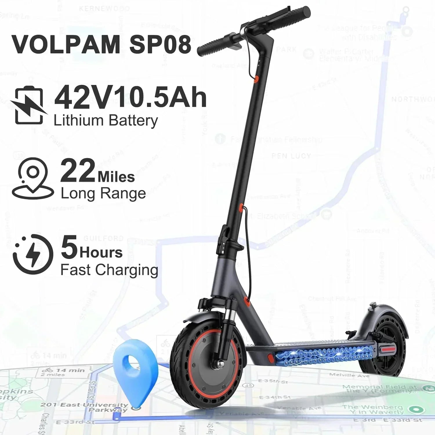 Volpam electric scooter Powerful electric motor Solid tires 28/21/12 mile range