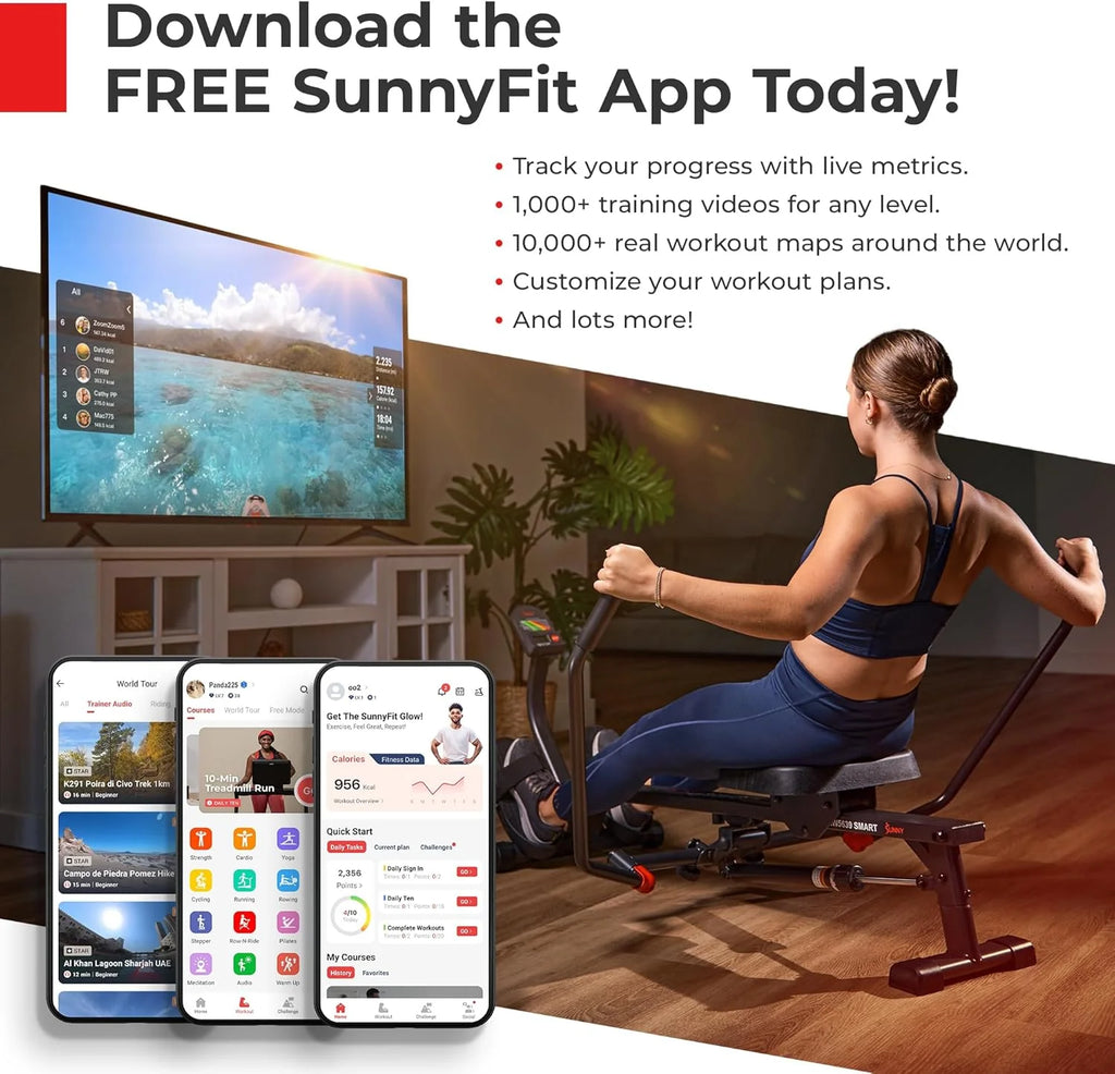 Sunny Health & Fitness Compact Adjustable Rowing Machine with 12 Levels of Resistance for Complete Body Workouts and Optional Free SunnyFit App Enhanced Connectivity